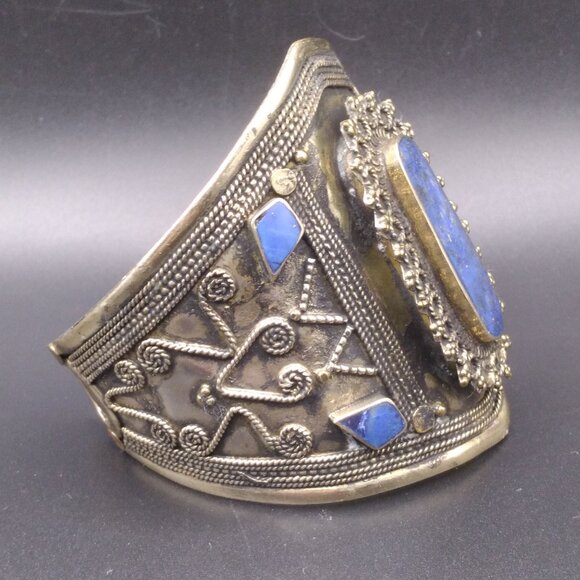 Vintage Tribal Cuff Bracelet Cannetille Silver Tone Etruscan & Sodalite Stone - Picture 2 of 6
